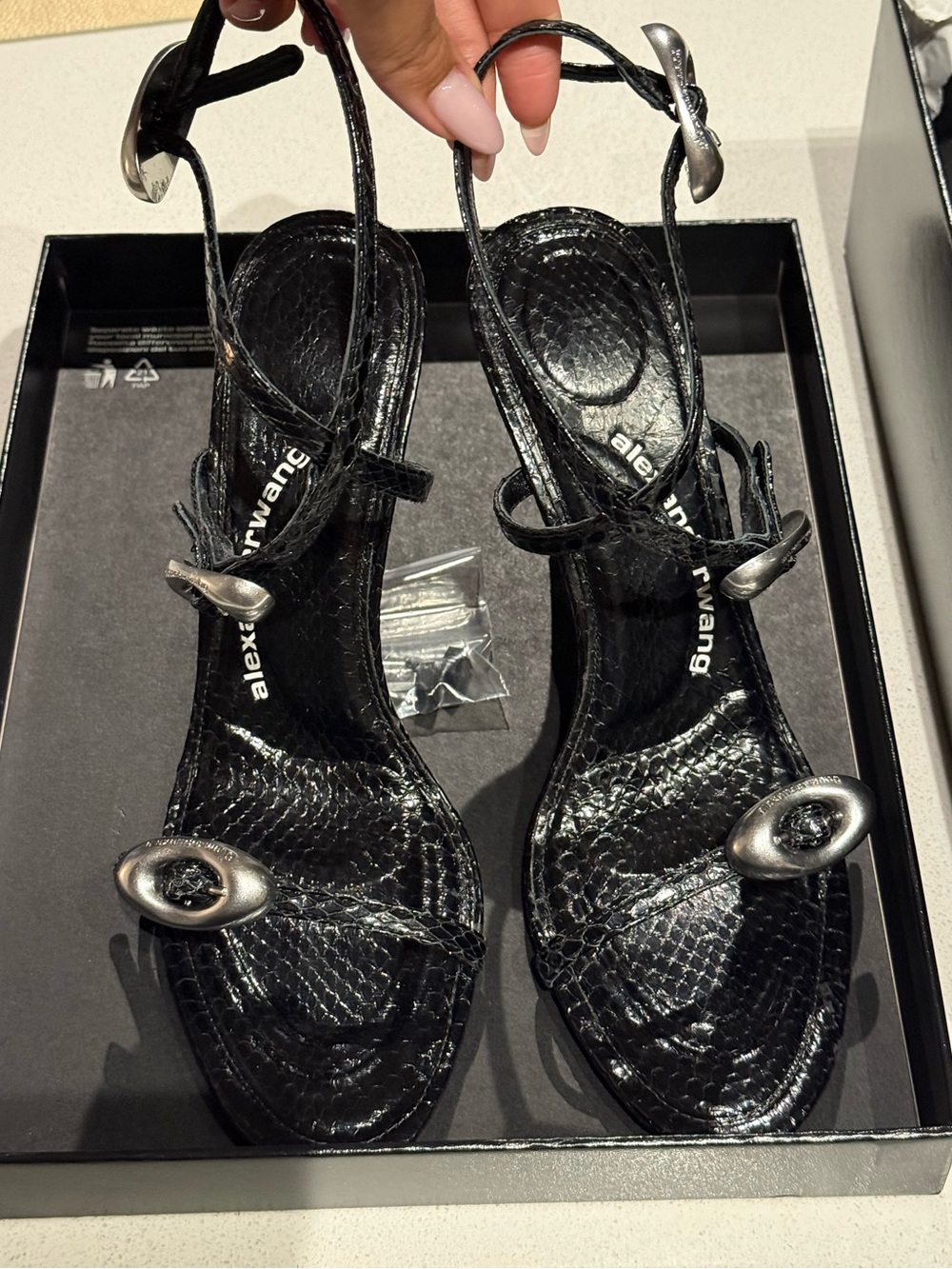 Alexander Wang Black Dome 105 Strappy Sandals with Silver Accents